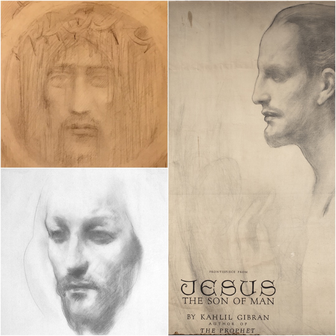 (Top Right) Portrait of Christ c1902-1904, (Bottom) Portrait of Jesus by Gibran from The Wanderer, (Left) Poster of Jesus the Son of Man's Cover