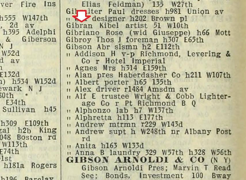 1915 New York Directory (Gibran, Kibel) 