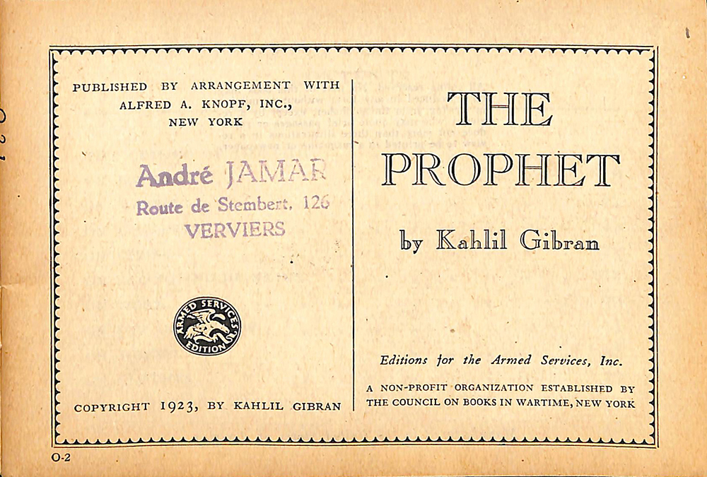 Title page of the ASE of “The Prophet” with the name and address of a previous owner