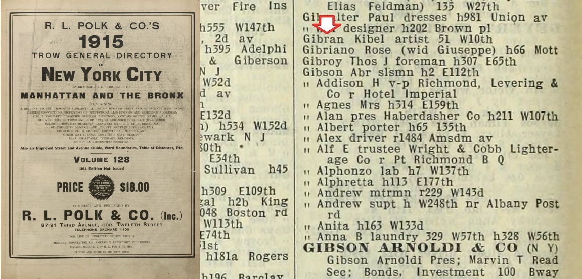"Kibel" Gibran in New York City Directory 1915