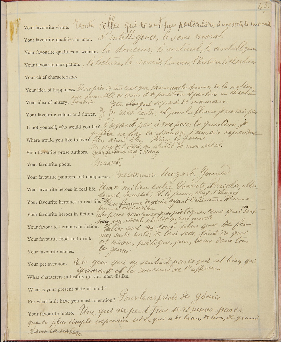 Example of an original Proust Questionaire  c.1890