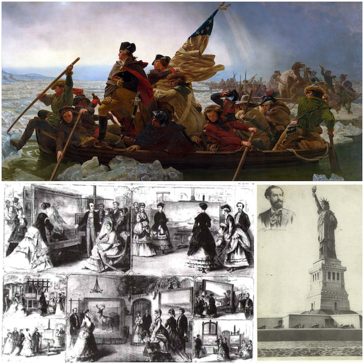 (top) George Washington's crossing of the Delaware River Mural (Wiki), (bottom left) Public viewing paintings at the West Tenth Street Studios in 1869. Frank Leslie’s Illustrated Newspaper, (bottom right) Statue of Liberty ; and, Portrait of Bartholdi, sculptor (NYPL) 