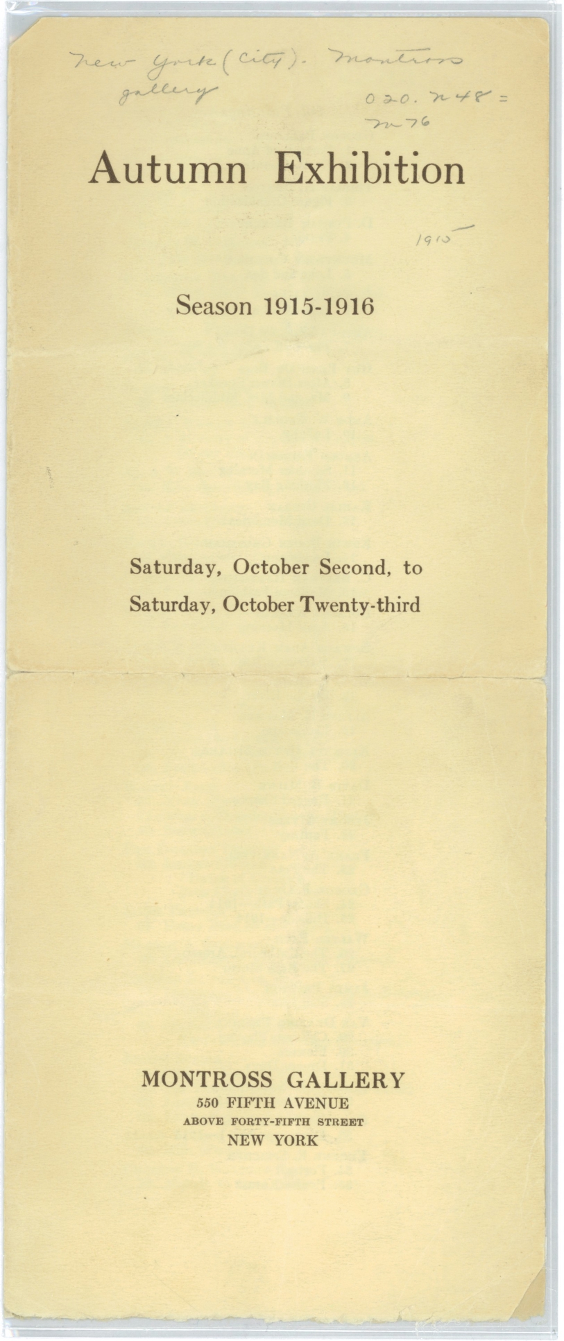 Autumn Exhibition Catalogue, Season 1915-1916, New York: Montross Gallery, October 2-23, 1915.