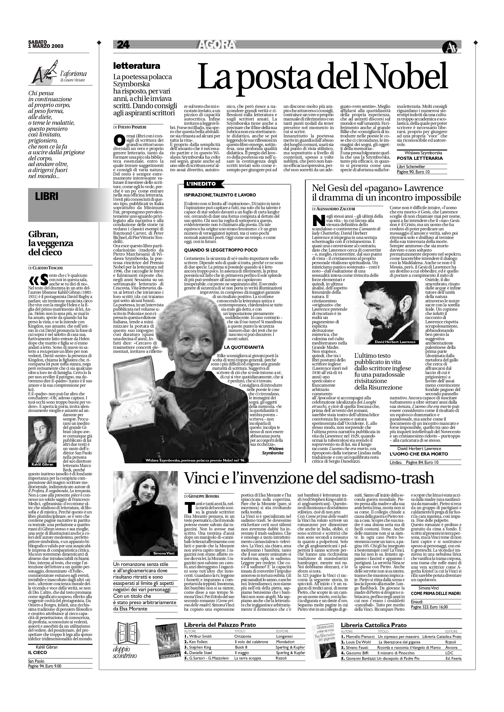 Claudio Toscani, "Gibran, la veggenza del cieco", Avvenire, Mar 1, 2003, p. 24 (review)