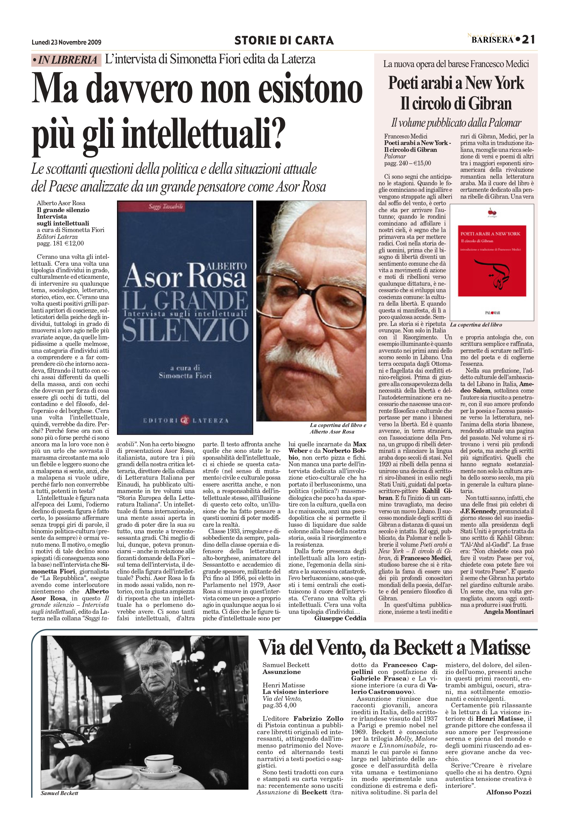 Angela Montinari, "Poeti arabi a New York: Il circolo di Gibran", BariSera, Nov 23, 2009, p. 21 (review)