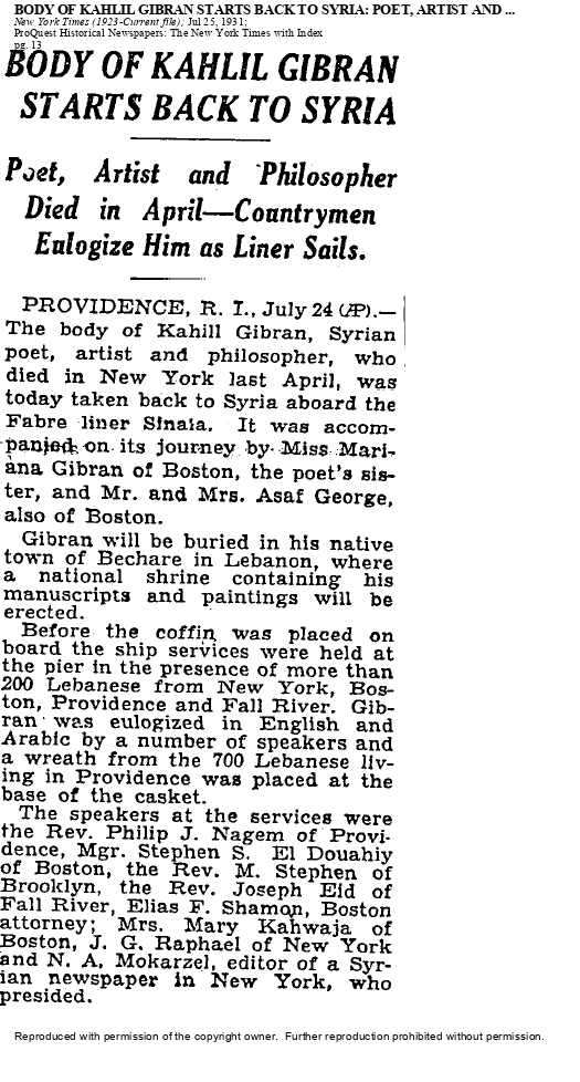 Body of Kahlil Gibran Starts Back to Syria, New York Times, Jul 25, 1931