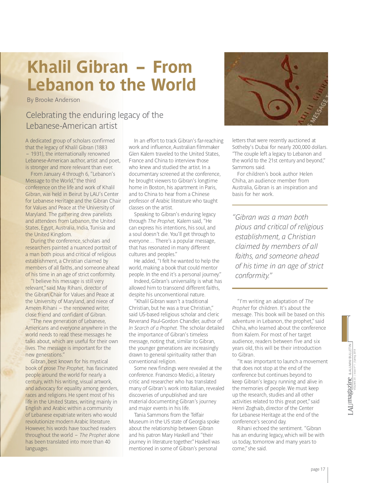 Brooke Anderson, "Khalil Gibran – From Lebanon to the World", «LAU Magazine & Alumni Bulletin», VOLUME 20, issue nº 1, Spring 2018, pp. 16-17.