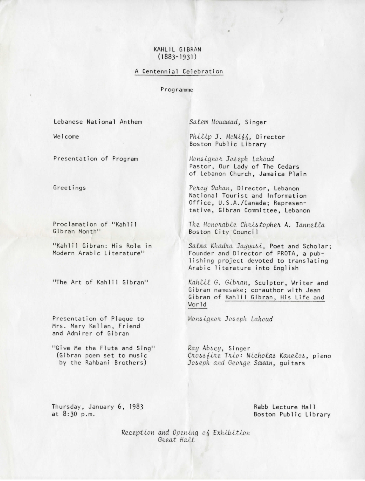 A Centennial Celebration program outline for Kahlil Gibran, Rabb Lecture Hall, Boston Public Library, January 6, 1983.