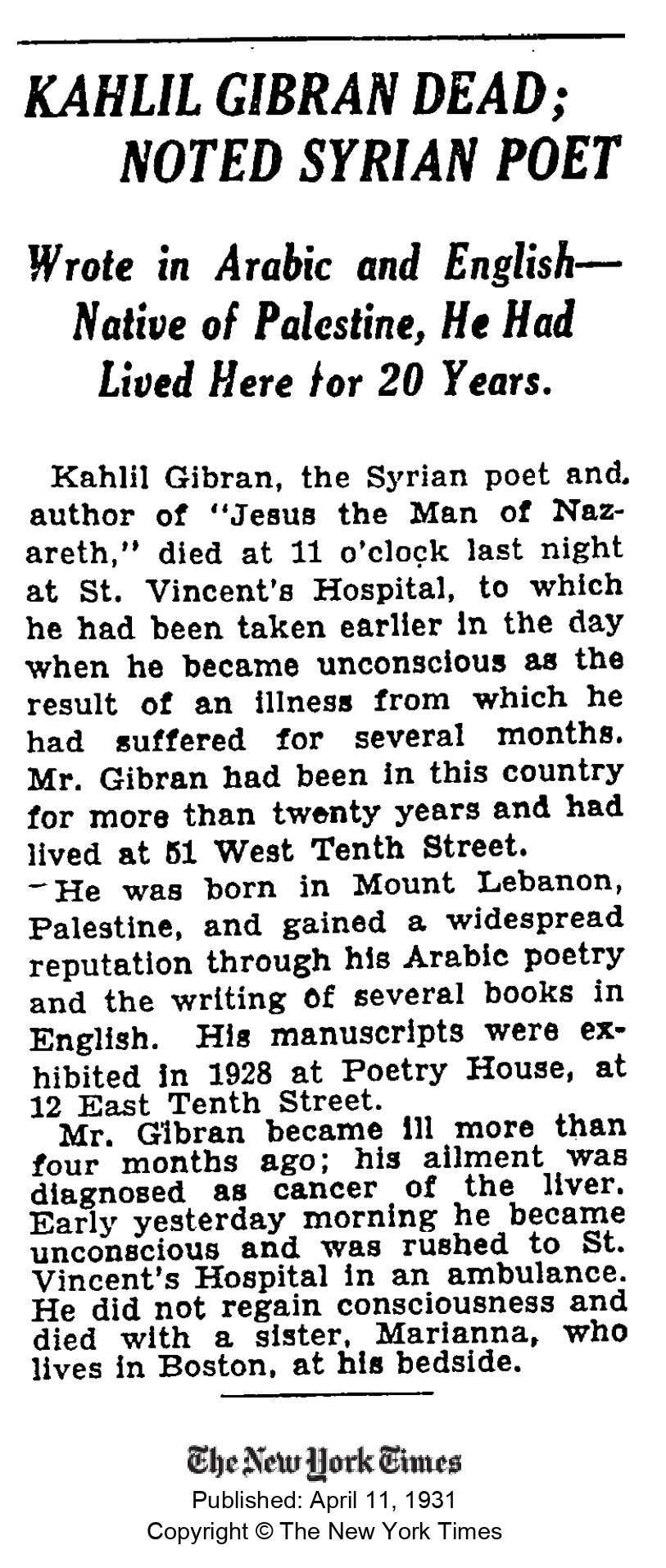 Kahlil Gibran Dead; Noted Syrian Poet, The New York Times, Apr 1, 1931
