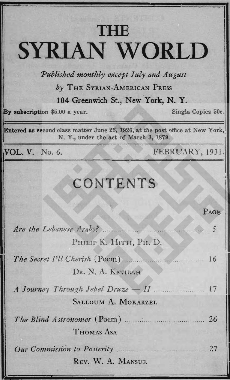 Past and Future, The Syrian World, 5, 6, February 1931