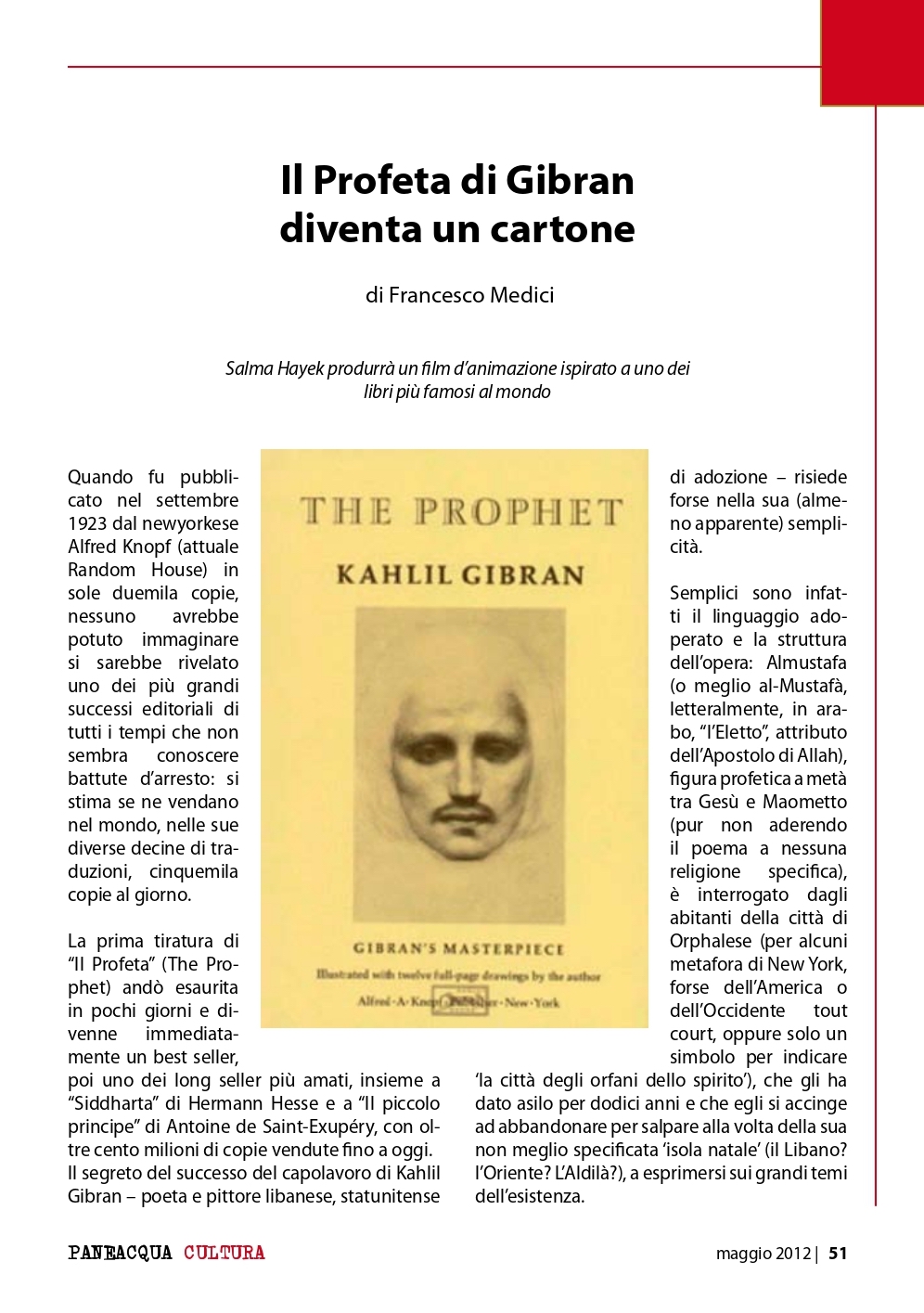 Francesco Medici, "Il Profeta" di Gibran diventa un cartone, «Paneacqua», May 2012