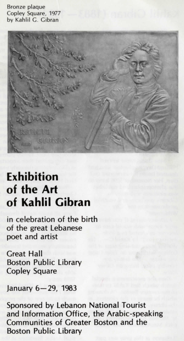 The Art of Kahlil Gibran [Exhibition Guide], Boston Public Library, January 6-29, 1983.