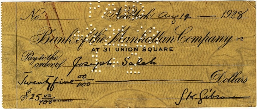 Gibran Kahlil Gibran, 25 Dollar Check, Bank of the Manhattan Company, New York, 14 August 1928
