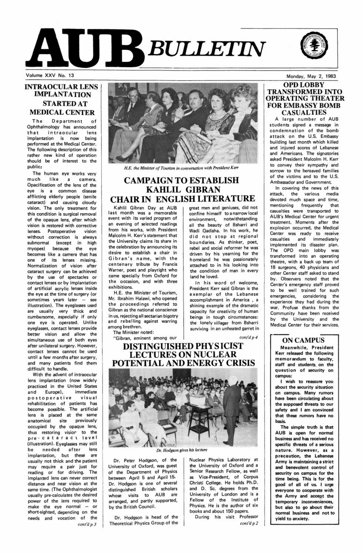 Campaign to Establish Kahlil Gibran Chair in Literature - Kahlil Gibran Day, American University of Beirut Bulletin, 25, 9, Mar 13, 1983, pp. 1,3.