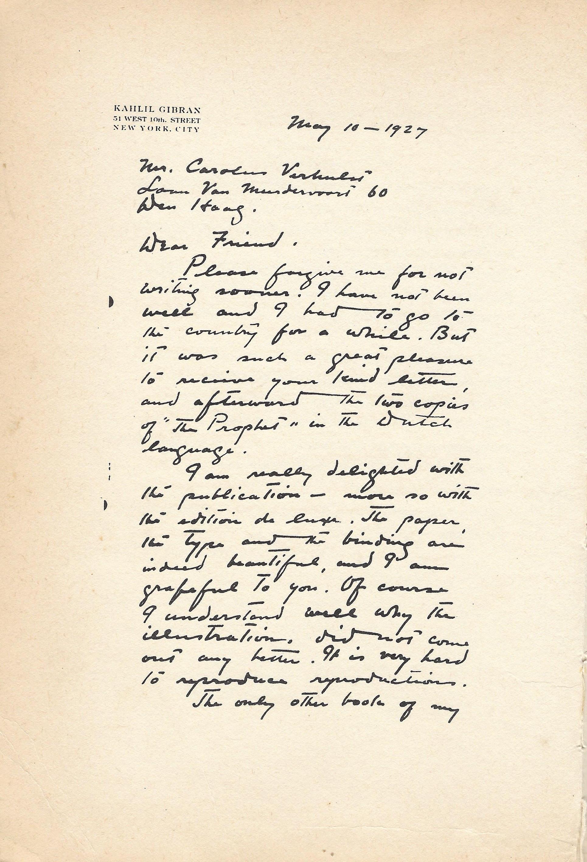 Letter of Kahlil Gibran to Carolus Verhulst, 10 May 1927