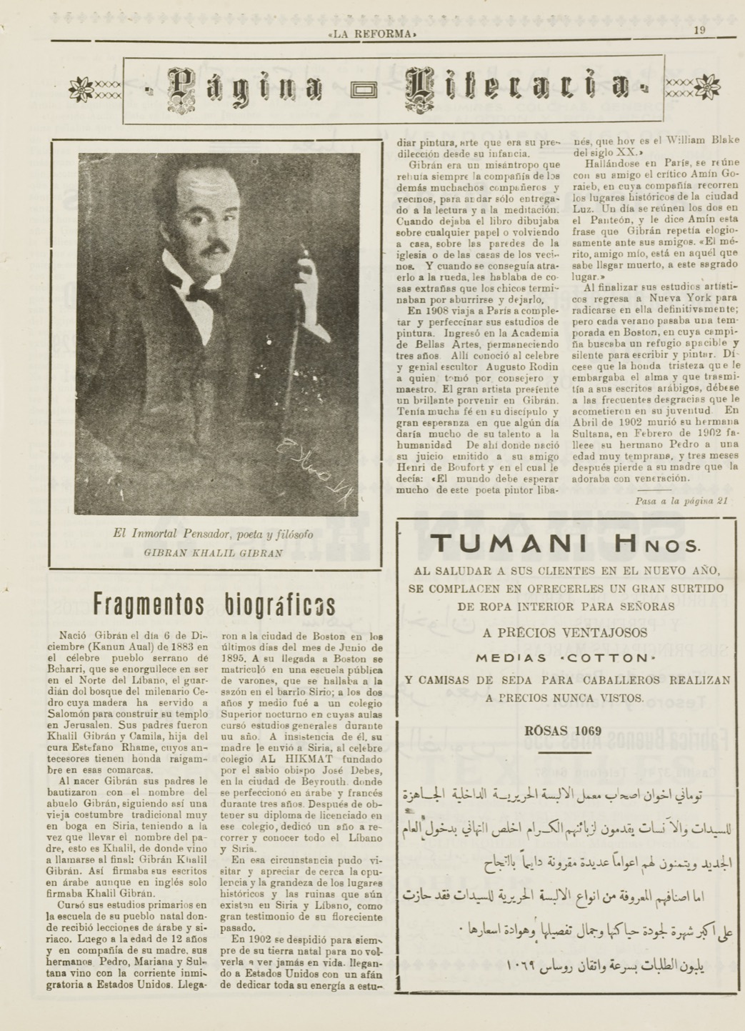 "Gibran Khalil Gibran: Fragmentos Biográficos", La Reforma, Jan 1, 1938, p. 15.