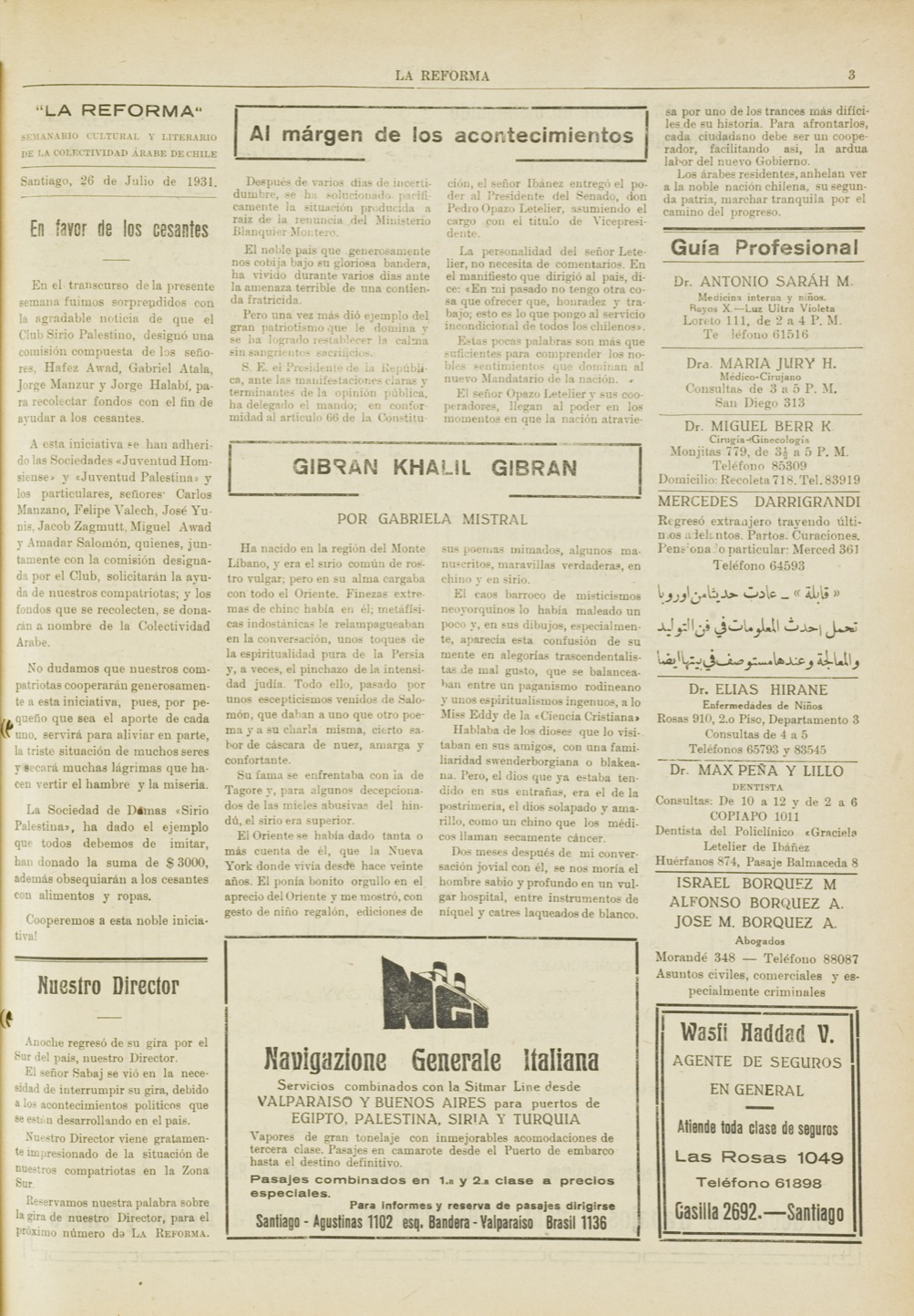 Gabriela Mistral, "Gibran Khalil Gibran", La Reforma, Jul 26, 1931, p. 3.