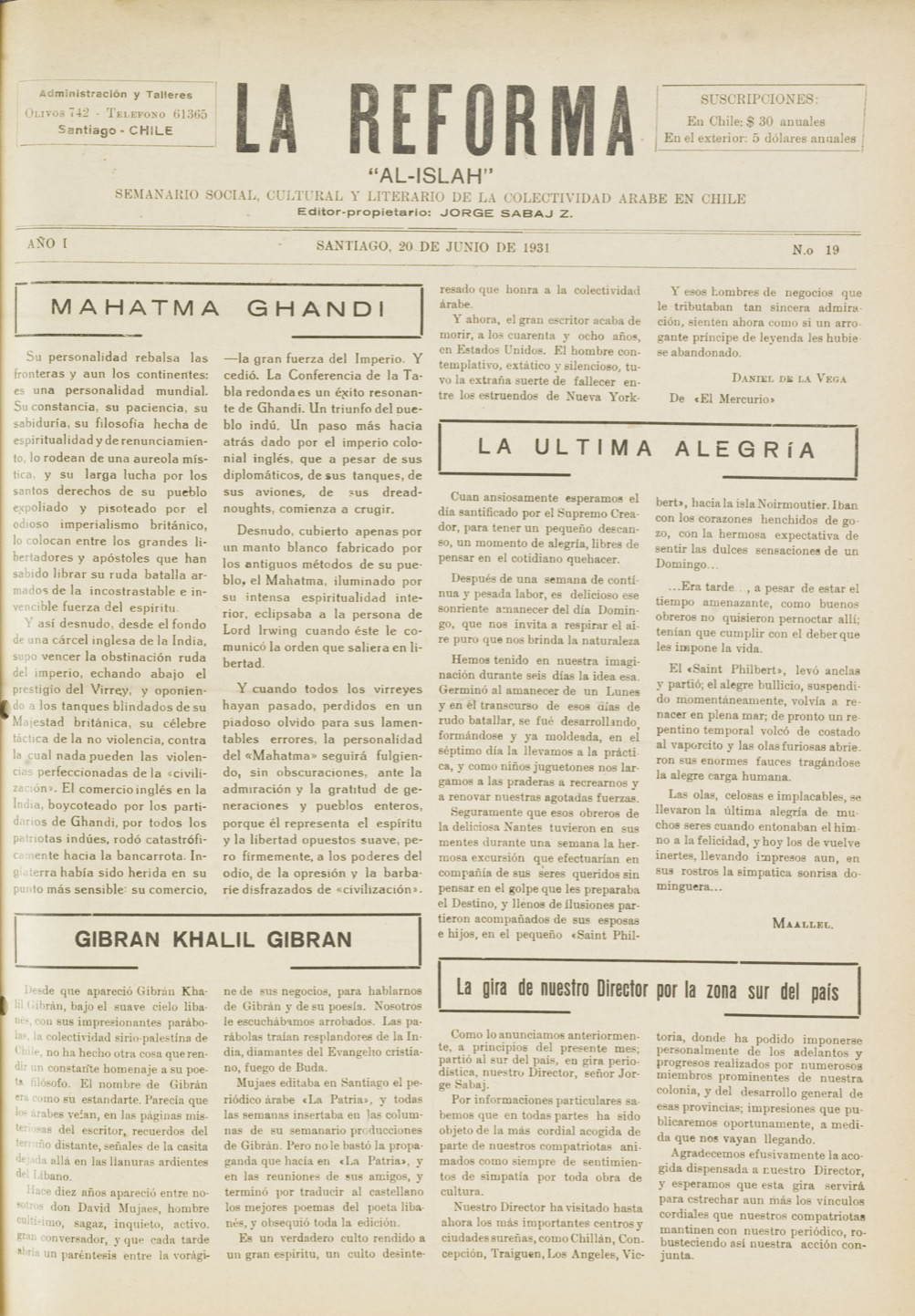 I.H.A., "Gibran Khalil Gibran", La Reforma, Jun 20, 1931, pp. 1,3.