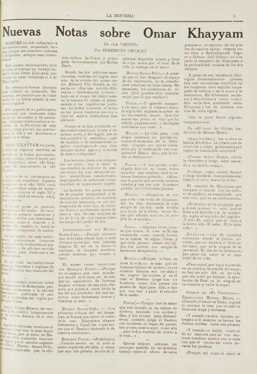 Benedicto Chuaqui, "Nuevas Notas sobre Omar Khayyam", La Reforma, Jun 28, 1941, pp. 5-6.