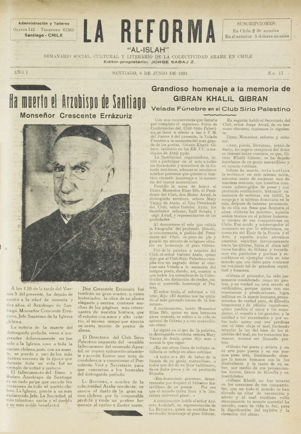 "Grandioso homenaje a la memoria de Gibran Khalil Gibran",La Reforma, Jun 6, 1931, p. 1.