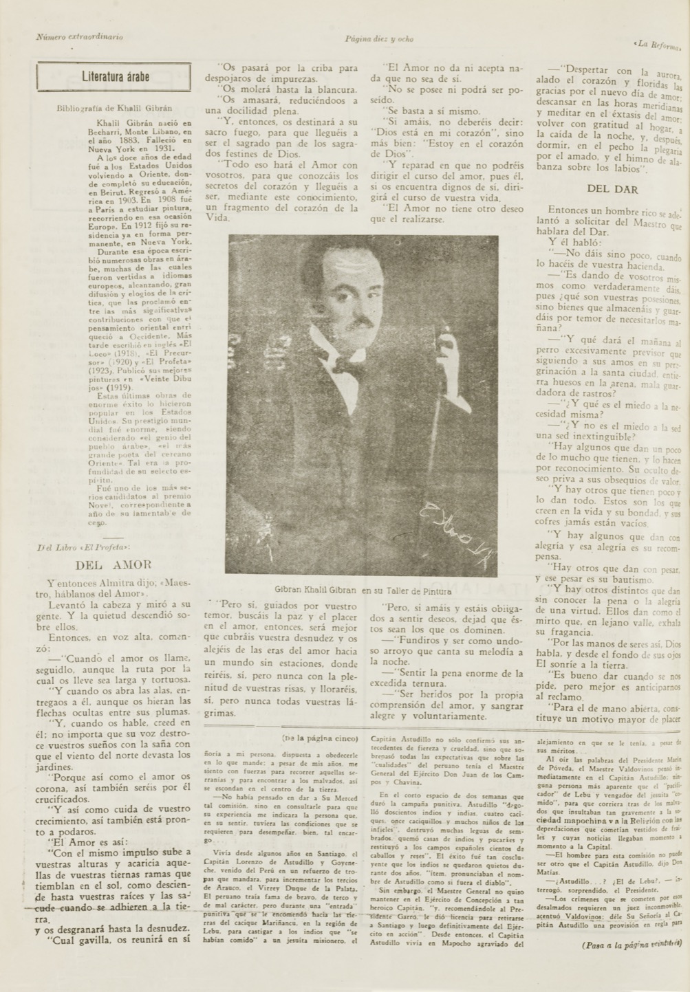 "Literatura árabe: Gibrán Khalil Gibrán", La Reforma, Sept 18, 1933 pp. 18-19,22.