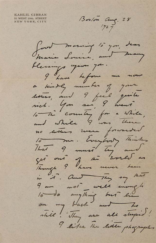 Letter of Kahlil Gibran to Marie Louise Watters (Boston Aug. 28 1927)