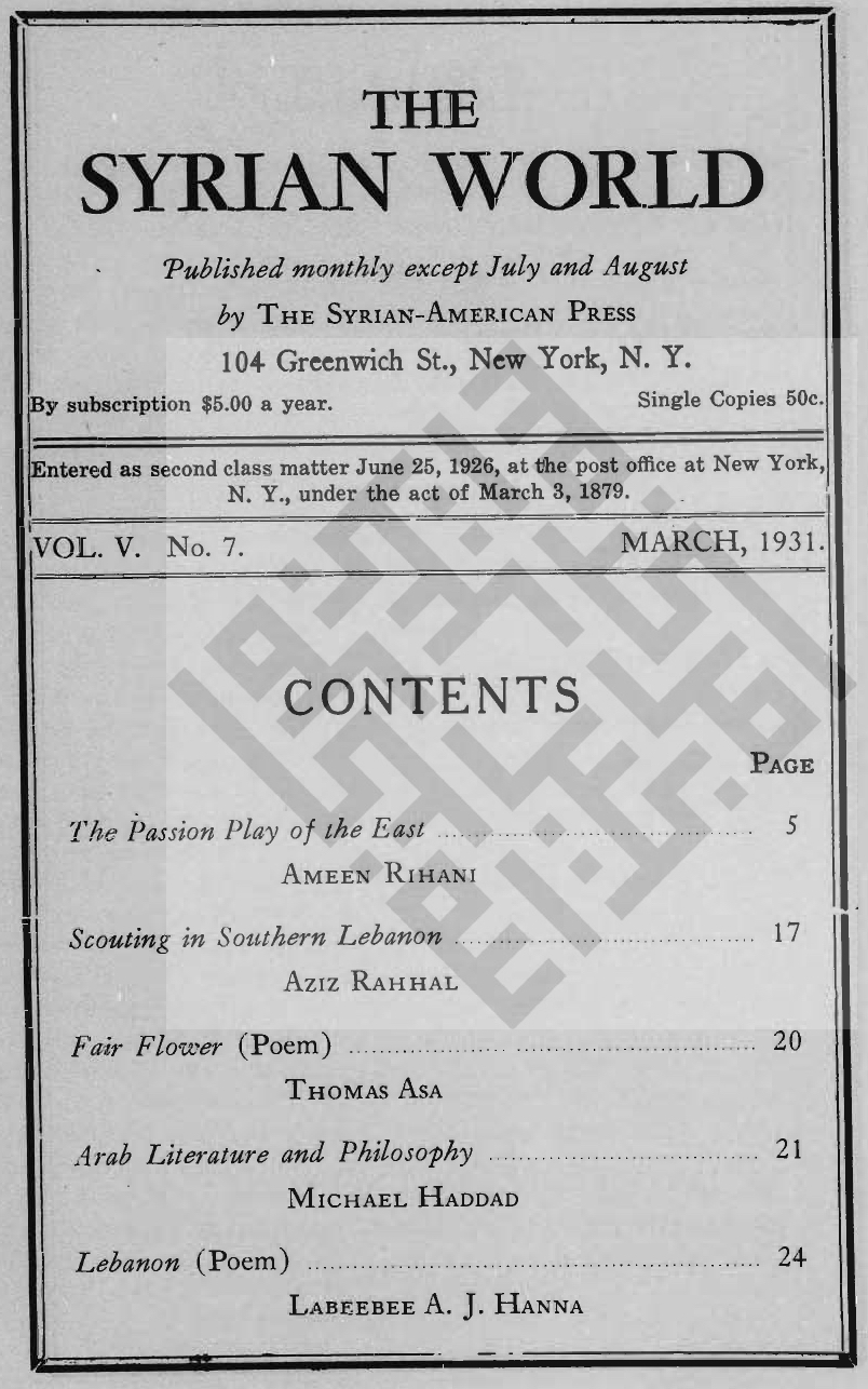 Speech and Silence, The Syrian World, 5, 7, March 1931