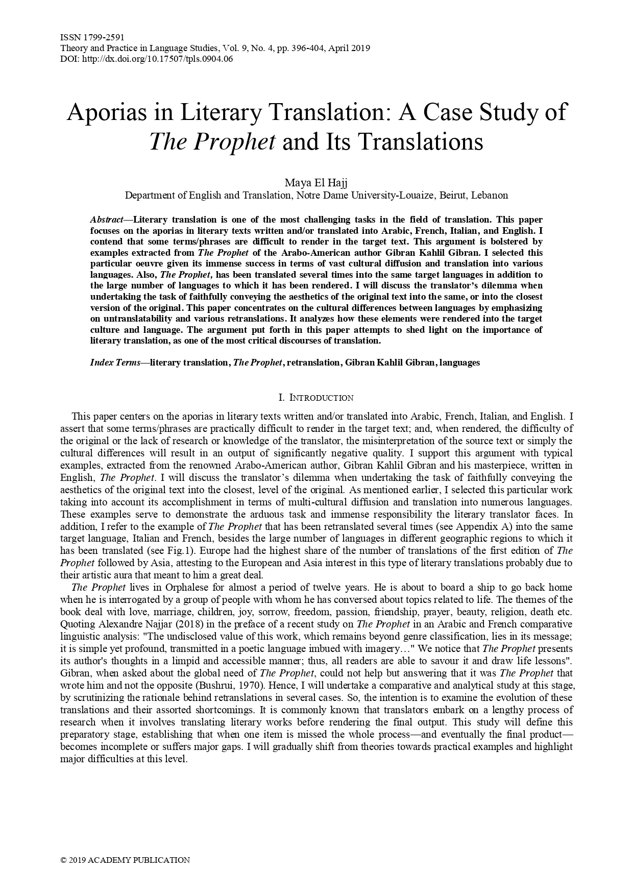 Maya El Hajj, Aporias in Literary Translation: A Case Study of "The Prophet" and Its Translations, "Theory and Practice in Language Studies", Vol. 9, No. 4, April 2019