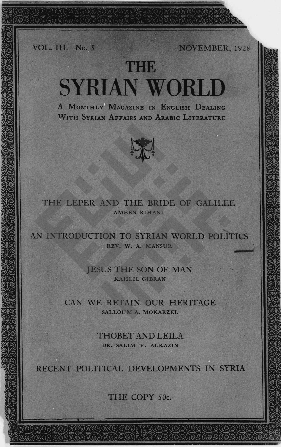 A Man from Lebanon Nineteen Centuries Afterward, The Syrian World, 3, 5, November 1928, 21–26