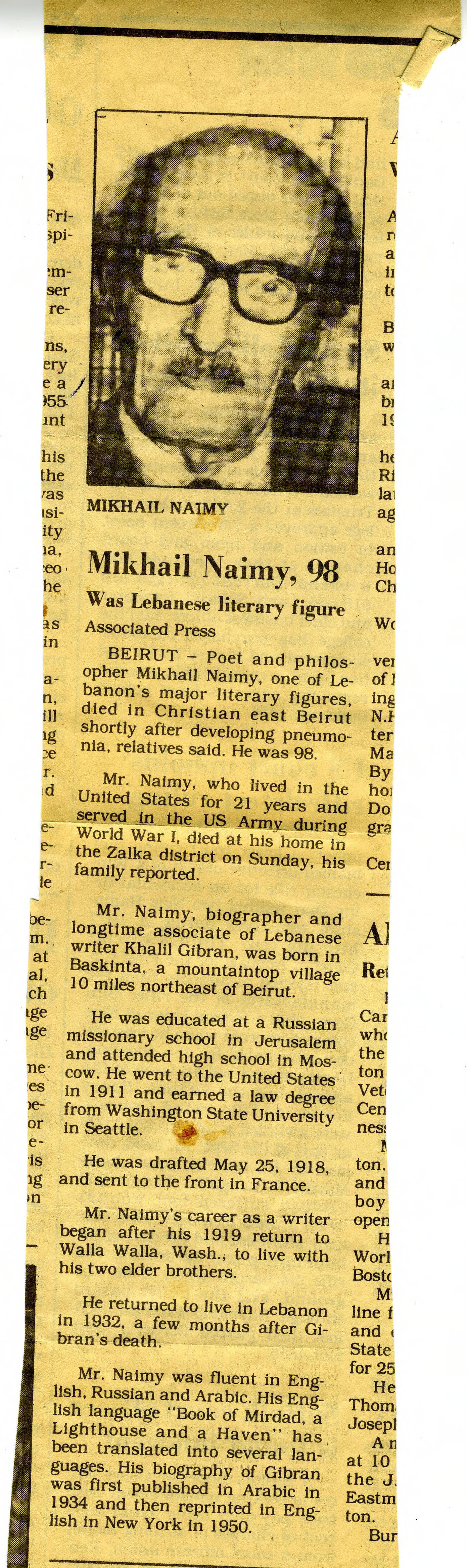 Associated Press, Obituary - Mikhail Naimy, Unknown Newspaper, February 1988.