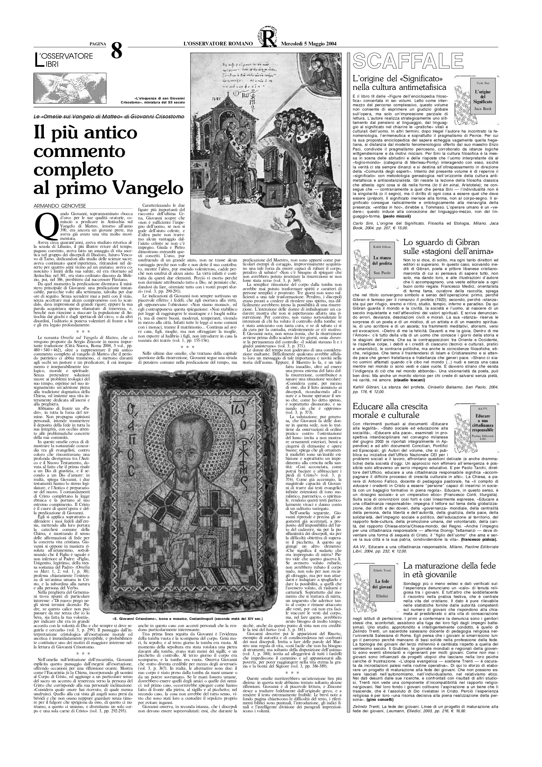 Claudio Toscani, Lo sguardo di Gibran sulle «stagioni dell'anima», "L'Osservatore Romano", May 5, 2004, p. 8 (review)