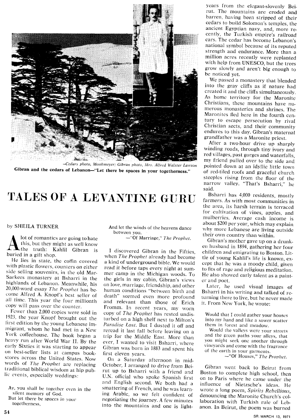 Sheila Turner, “Tales of a Levantine Guru”, Saturday Review, March 13, 1971, pp. 54–55.