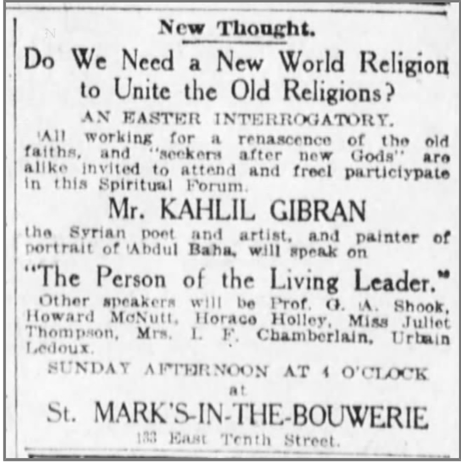 The Person of the Living Leader [Talk by Kahlil Gibran with Baha'is], The Brooklyn Daily Eagle (Brooklyn, New York), Sat, Mar 26, 1921, p. 7.