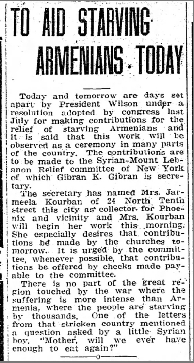 To Aid Starving Armenians Today, "Arizona Republic" (Phoenix, Maricopa, Arizona, United States of America), 21 Oct 1916
