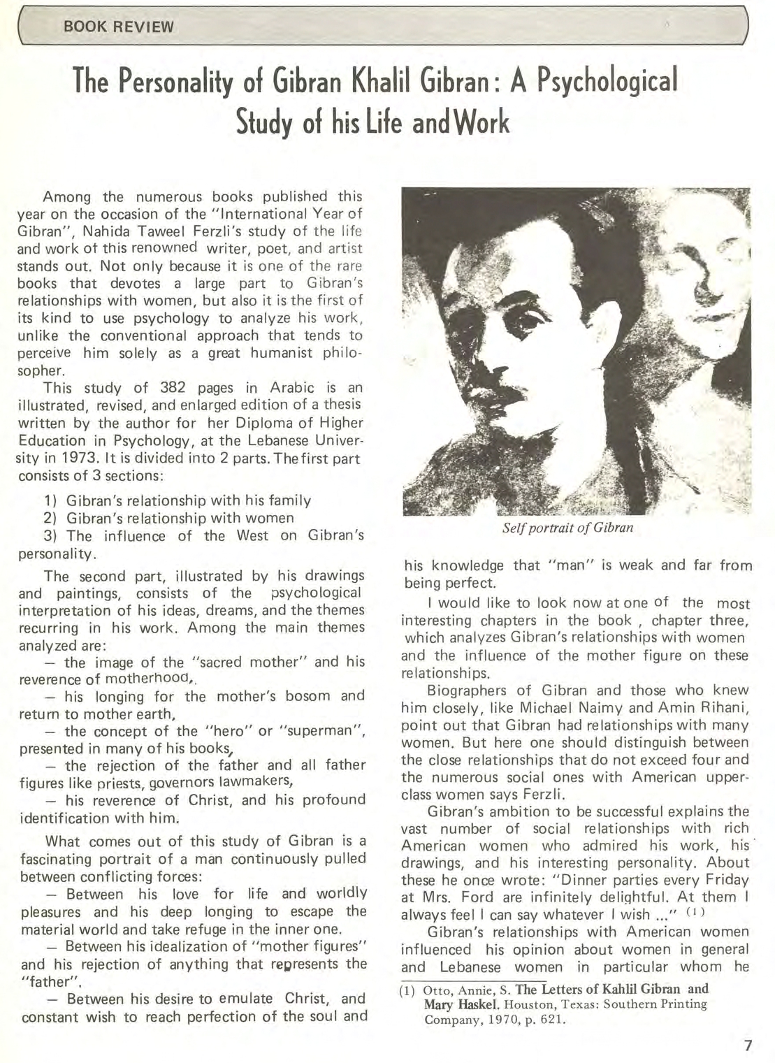 Wafa' Stephan, The Personality of Gibran Khalil Gibran: A Psychological Study of his Life and Work [book review], Al-Raida, November 1, 1983