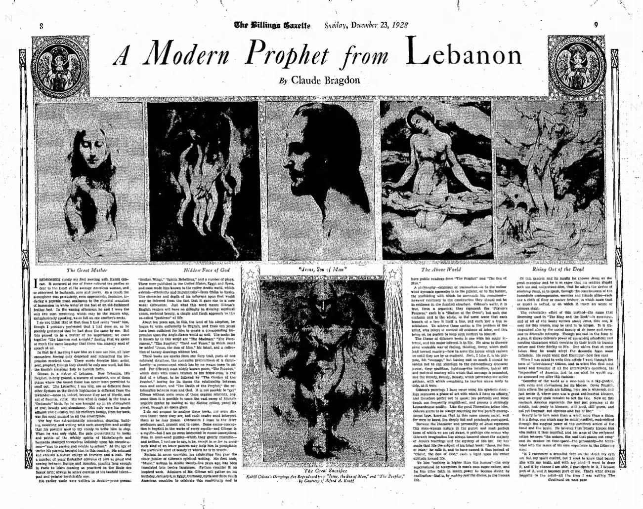 Claude Bragdon, A Modern Prophet from Lebanon, The Billings Gazette (Billings, Montana), Dec 21, 1928, p. 20.